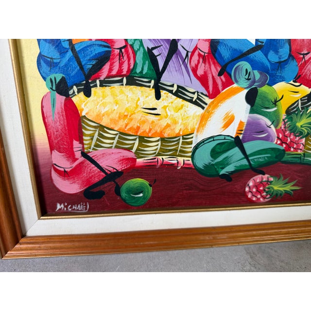 Vintage Haitian Folk Art Market Scene Oil on Canvas Painting by Michael, Wood Framed For Sale - Image 10 of 12