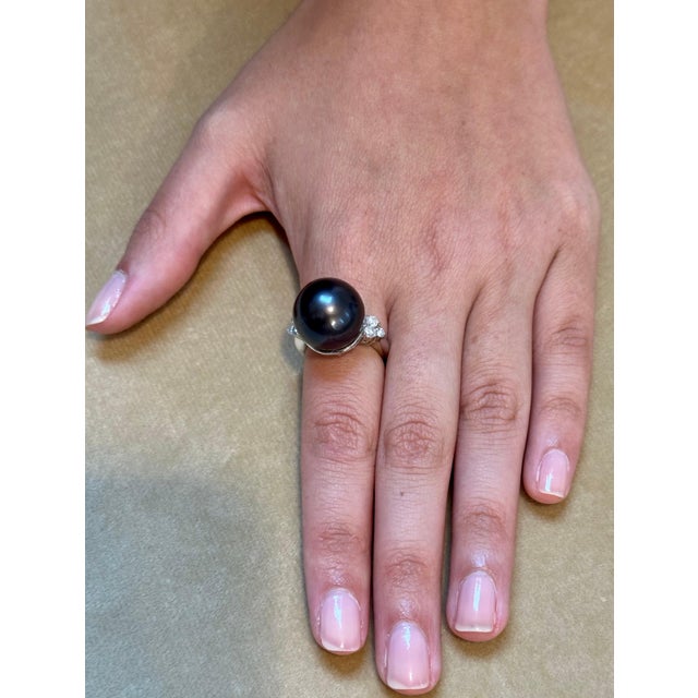 15MM Round Black Tahitian Pearl & Diamond Platinum Ring Size 5.5 For Sale - Image 13 of 18