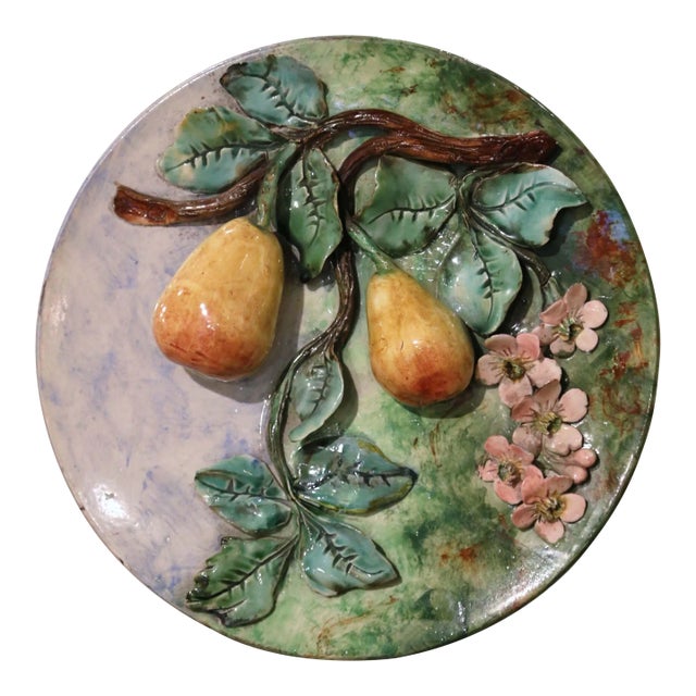 19th Century French Hand-Painted Barbotine Faience Wall Plate Stamped Longchamp For Sale