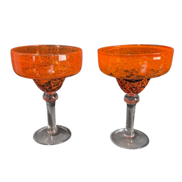 Orange Late 20th Century Pair of Hand Blown Art Glass Orange Margarita Glasses For Sale - Image 8 of 8