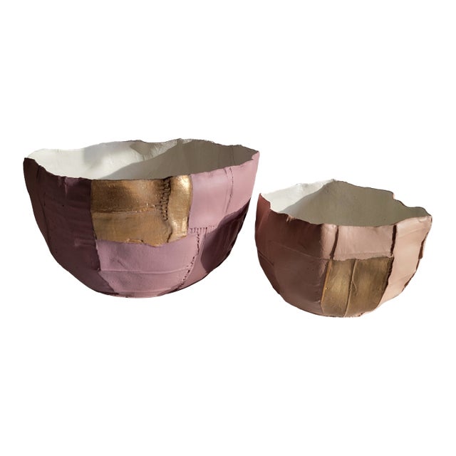 Paola Paronetto Italian Paper Clay Ceramic Bowls W/ Gold - Set of 2 For Sale