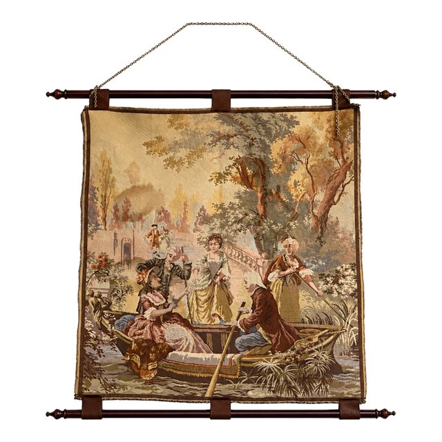 Vintage French Pastoral Tapestry Wall Hanging With Wooden Rods, Mid 20th Century For Sale