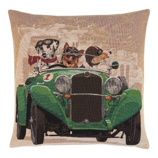 Racing Dogs Green Tapestry Cushion With Feather Filler - 46x46cm (18"x18") For Sale