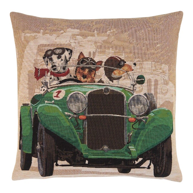 Racing Dogs Green Tapestry Cushion With Feather Filler - 46x46cm (18"x18") For Sale