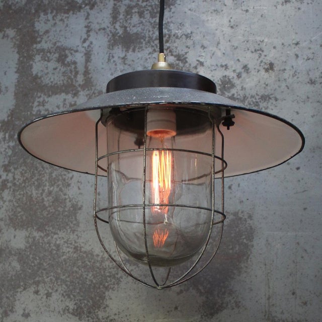 Industrial Gray Enamel Pendant Light with Bakelite Brass Top For Sale - Image 4 of 6