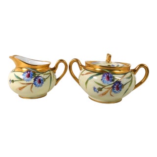 1960s Cream and Gold Floral Sugar Bowl and Creamer Marked Sw Donath- Set of 2 For Sale