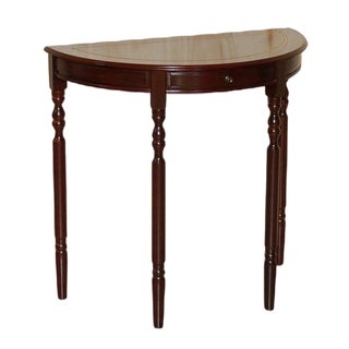 Vintage Demi Lune Console Table with Single Drawer in Flamed Hardwood For Sale