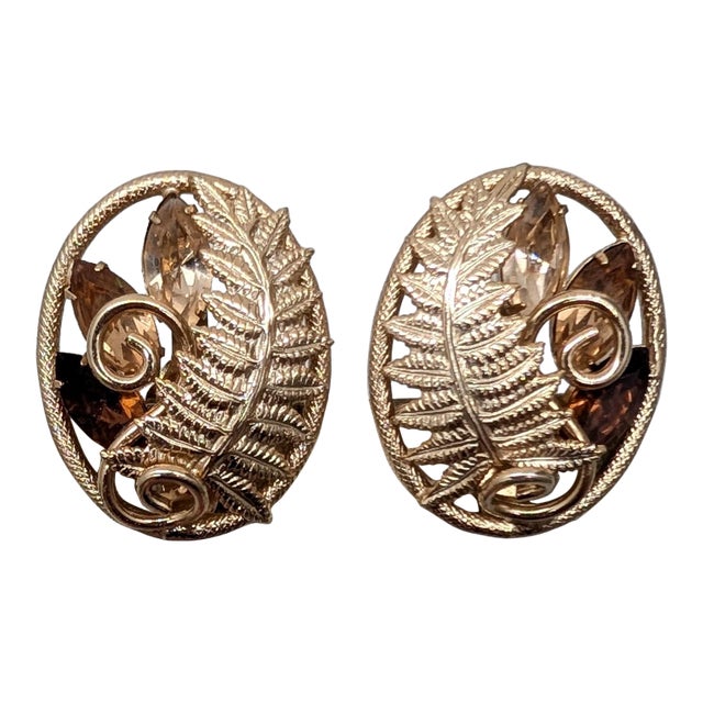 Vintage 1950s Signed Napier Goldtone Faux-Topaz & Citrine Fern Clip Earrings-2 Pieces For Sale