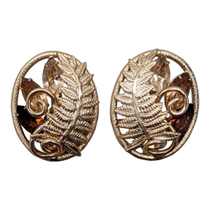 Vintage 1950s Signed Napier Goldtone Faux-Topaz & Citrine Fern Clip Earrings-2 Pieces