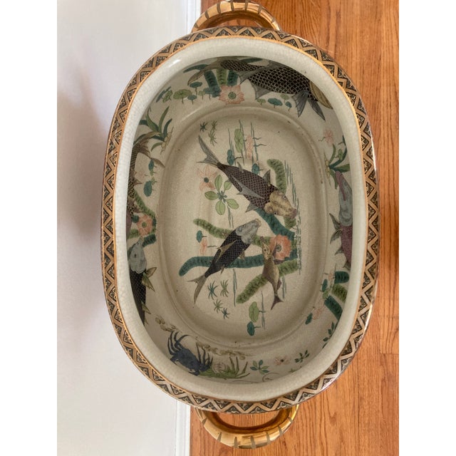 Mid 20th Century Hand Painted Famille Rose Porcelain Foot Bath Cache Pot Oval Basin For Sale - Image 9 of 9