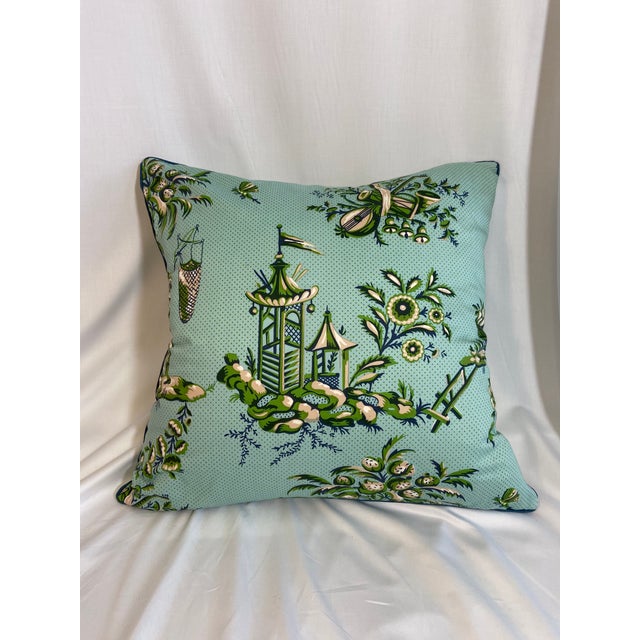 Blue & Green Chinoiserie Pillow With Navy MicroWelt Chairish