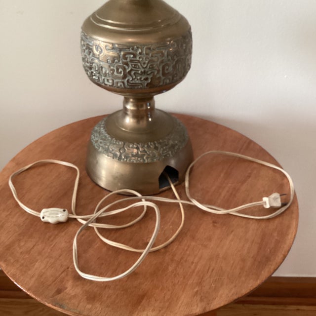 Chinese Vintage Asian Inspired La James Mont Style Intricately Carved Heavy Brass Lamp Circa 1940 For Sale - Image 3 of 12