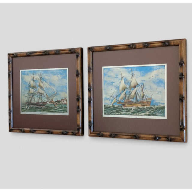 Vintage Nautical Clipper Ship Color Foil Prints Framed in Faux Bamboo Frames- A Pair For Sale In Charlotte - Image 6 of 11