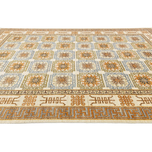 Modern 10x14 Hand-Knotted Modern Khotan Style Wool Area Rug – Geometric Earth Tones For Sale - Image 3 of 10