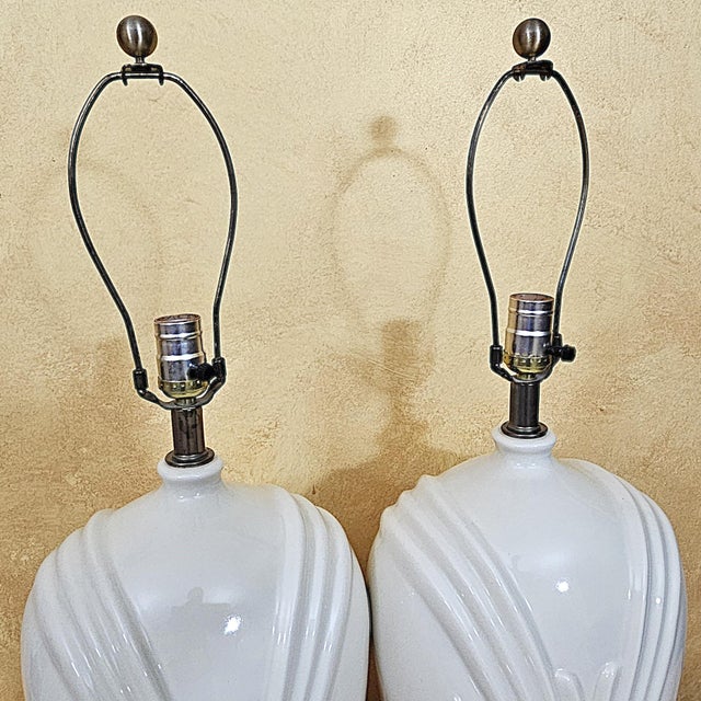 Ceramic Pair of Vintage White Art Deco Ceramic Table Lamps With Pleated Shades – 27” For Sale - Image 7 of 18