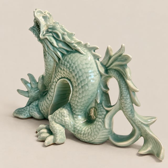 Mid 20th Century MCM Porcelain Celadon Andrea by Sadek Dragon Figurine For Sale - Image 5 of 8