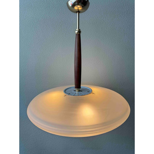 1980s Pendant Lamp in Brass and Teak with Frosted Glass, Italy, 1980s For Sale - Image 5 of 18