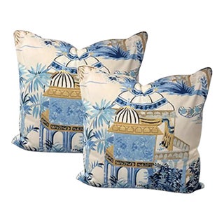 Pair of 22'' Thibaut Chinoiserie-Inspired Blue & Gold Scenic Throw Pillows For Sale