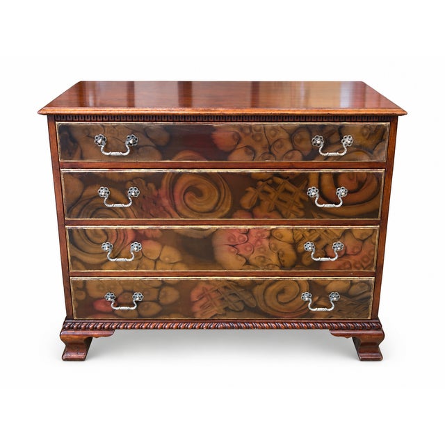 Transitional Vintage Flint & Horner Four-Drawer Chest With Silk Decoupage and Black Accents, Attributed For Sale - Image 3 of 8