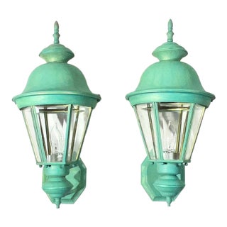 Pair Vintage Solid Brass Verdigris Carriage Lanterns-Traditional Colonial Style For Sale