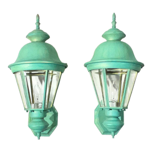 Pair Vintage Solid Brass Verdigris Carriage Lanterns-Traditional Colonial Style