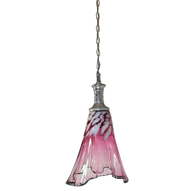Large Fazzoletto Art Glass Raspberry Pink White Oval Pattern Pendant Light Signed For Sale - Image 14 of 18