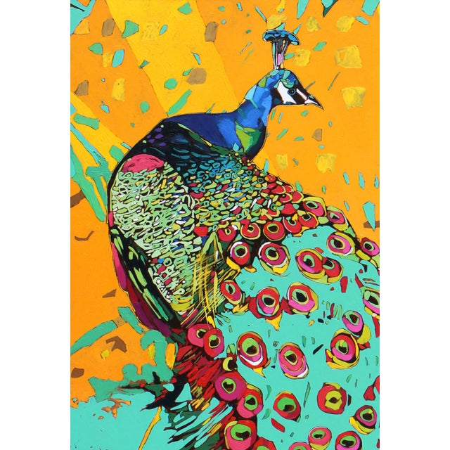This vibrant artwork brilliantly captures the majestic poise of a peacock, set against a bold, abstract backdrop. The...