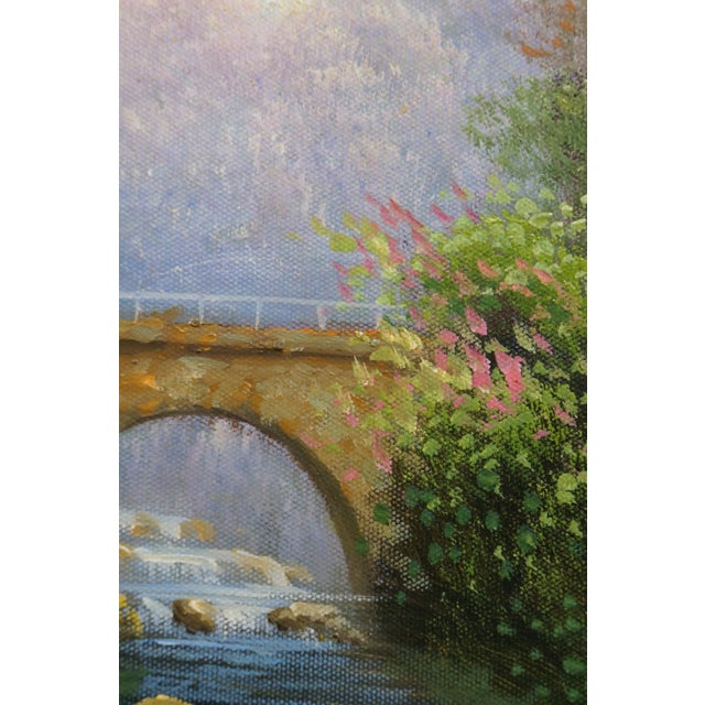 Late 20th Century C. Jaffey Cottage Garden Stream Landscape Oil Painting on Canvas 31" For Sale - Image 10 of 12