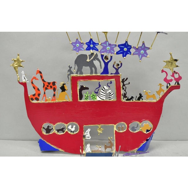 Modern Noah's Ark Cut Steel Judaica Art Hannukah Menorah Candelabra Sculpture For Sale In Philadelphia - Image 6 of 18