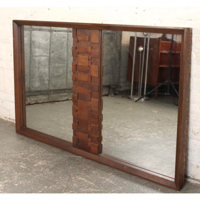 American made wall mirror by Lane Furniture for their Staccato line. Featuring a large mirror split by a mosaic design of...