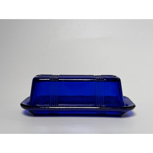 Mid-Century Modern Vintage Art Deco Style Cobalt Blue Glass Depression Glass Butter Dish For Sale - Image 3 of 10