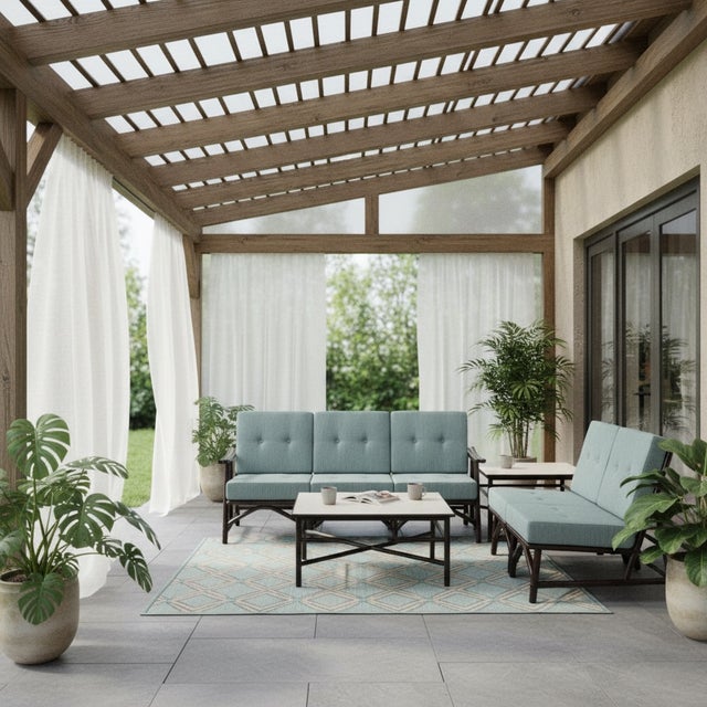 A tasteful fusion of modern, Eastern and boho-chic style. Luxurious bamboo living room set by John B. Wisner for Ficks...