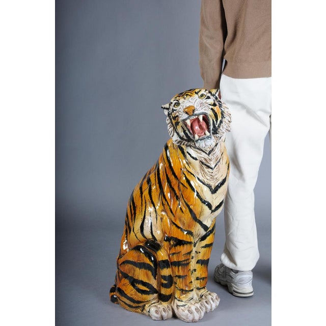 Large Italian Ceramic Tiger, 1970s Hollywood Regency A stunning large hand-painted ceramic animal sculpture of a seated...