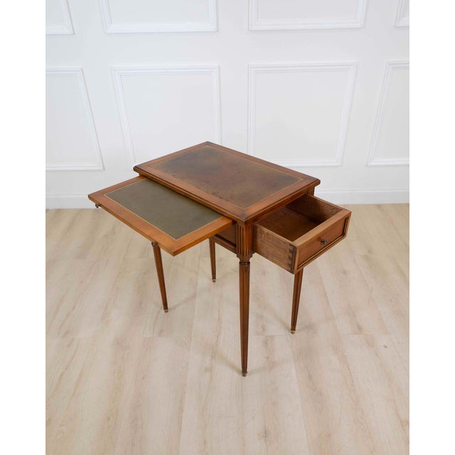 French 20th Century Louis XVI Style Cherrywood Side Table with Leather Top For Sale - Image 9 of 12