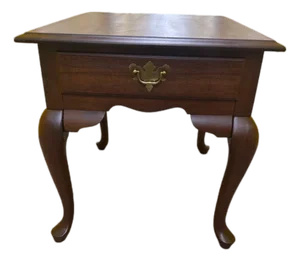 Vintage Queen Anne Cherry End Table With Brass Hardware & Cabriole Legs