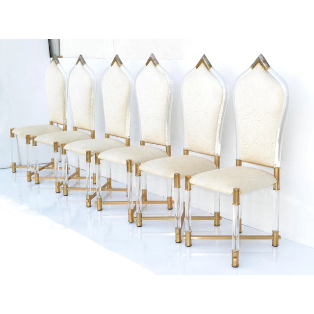 Superb Set of 6 Tubular Lucite & Brass Dining Chairs with a Gothic Shaped High Back Rest, designed by Charles Hollis Jones...
