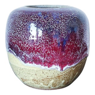 Vintage Hand Thrown Pottery Vase in Drip Leopard Glaze For Sale