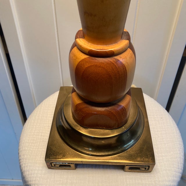 1970s 1970s Artist Signed Mid-Century Modern Hand-Turned Marquetry Wood Lamp For Sale - Image 5 of 12