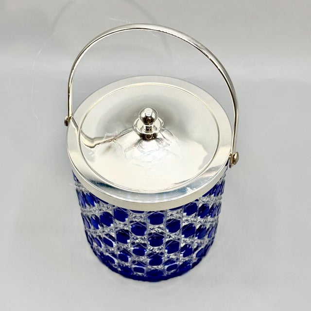 Mid-Century Modern Art Glass Jars with Blue Cut in Clear Crystal Biscuit Barrels with Silver-Plated Mounts, 1950s, Set of 2 For Sale - Image 12 of 18