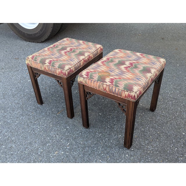 This is a very fine pair of solid wood Ethan Allen stools, meticulously upholstered in a striking, custom fabric., The...
