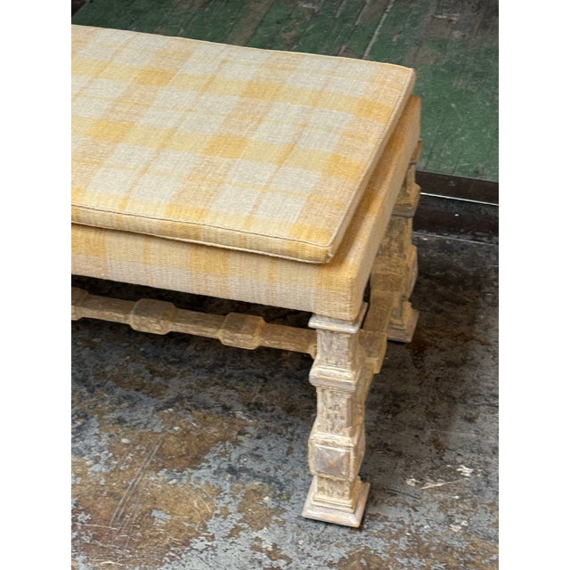 Yellow French Country Louis XIII Style Plaid Upholstered Bench For Sale - Image 8 of 12