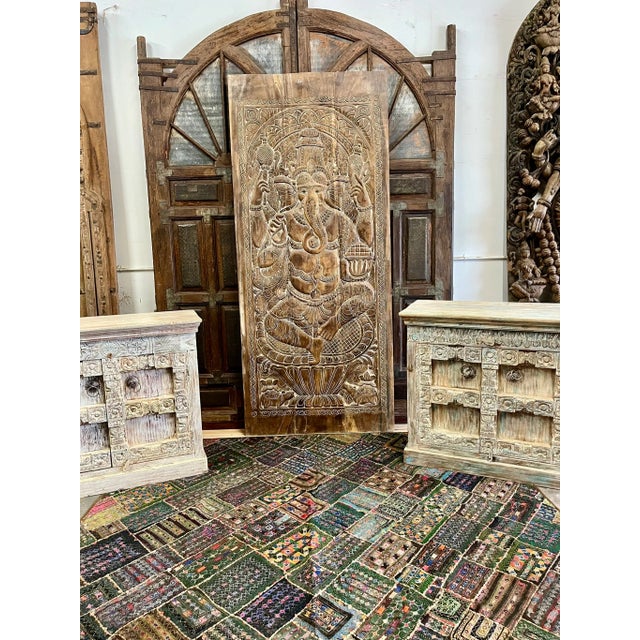 Wood Vintage Indian Carved Ganesha Barn Door – Handcarved Wall Art Yoga Decor 96x40 For Sale - Image 7 of 8