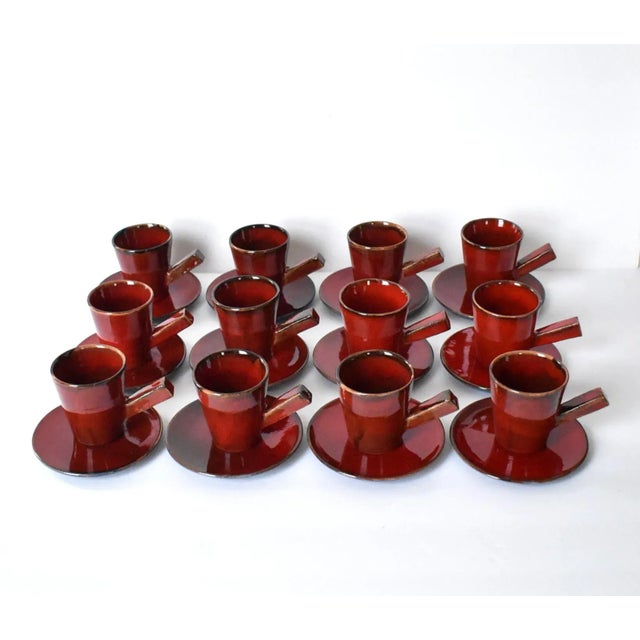 Mid-Century Modern Mid-Century Swedish Handmade Red Ceramic Glogg 12 Cups & 12 Saucers For Sale - Image 3 of 13