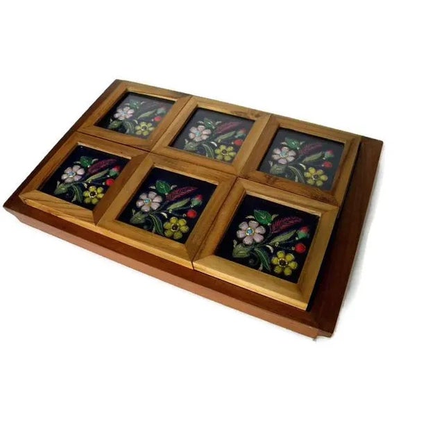 Shabby Chic Vintage Embroidered Velvet Jewel Coasters and a Serving Tray Under Glass in Wooden Frame - 7 Pieces For Sale - Image 3 of 12