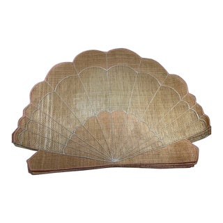 Vintage Scalloped Shell / Folded Fan Woven Straw Placemats - Set of 4 For Sale