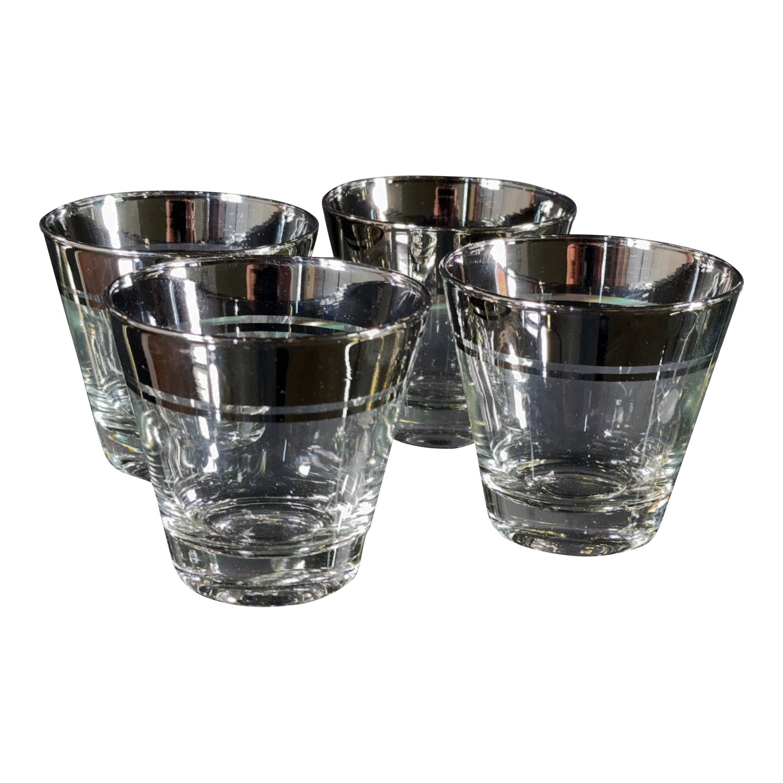 Mid Century Modern c.1960's Dorothy Thorpe Style Silver Band Rocks Glasses - Set of 4