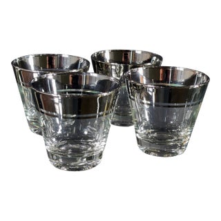 Mid Century Modern c.1960's Dorothy Thorpe Style Silver Band Rocks Glasses - Set of 4 For Sale