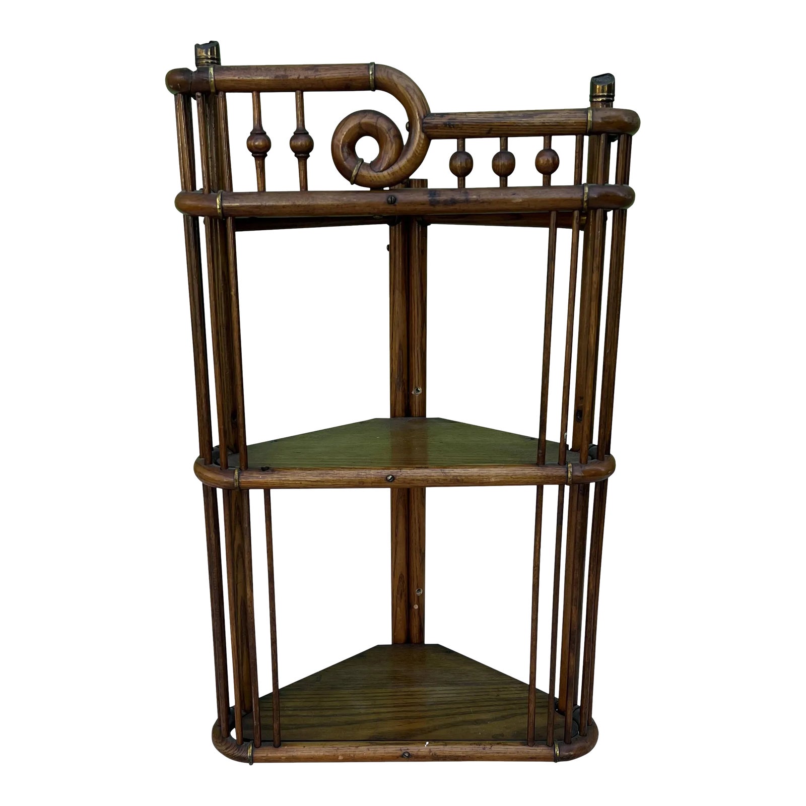 木製ラック・ウッドラック 612.Antique Iron Shelf Indonesia Antique Victorian Oak Stick and Ball Bamboo Corner Shelf | Chairish