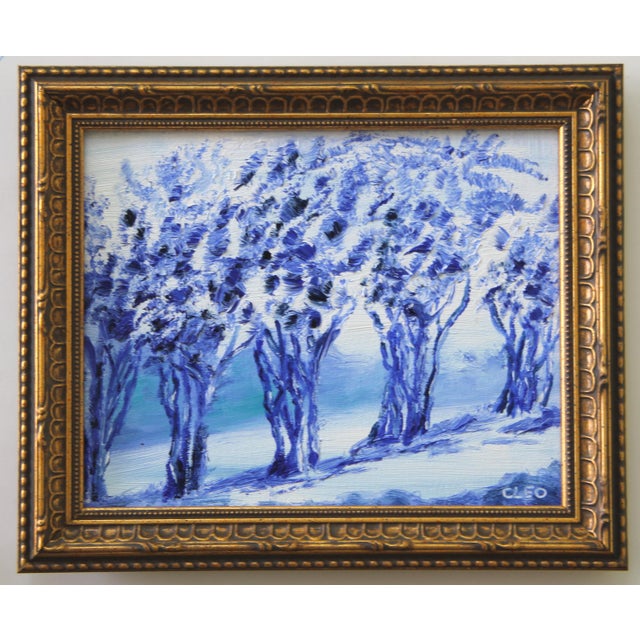 An oil painting of trees or perhaps a row of crepe myrtle shrubs subtly painted in a traditional Japanesque or Chinoiserie...