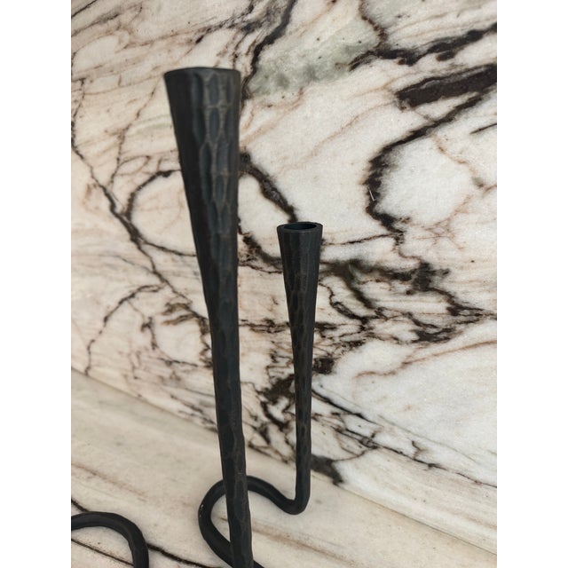 Pair of handmade hammered black powder iron finish, serpentine style organic design Brutalist candle holders for two candles.